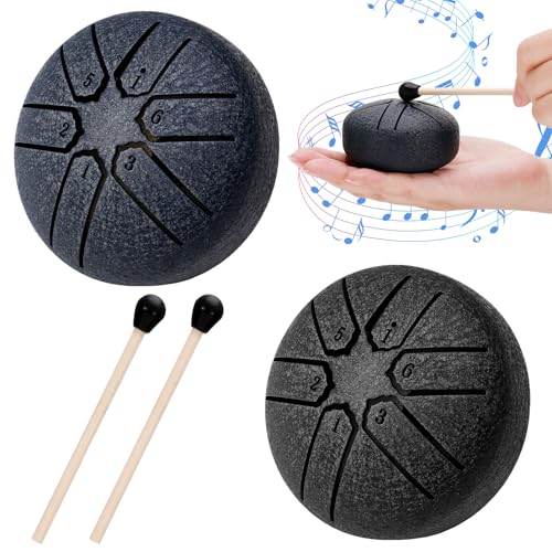 2PCS Rain Drum for Outside, Steel Tongue Drum Rain Chime, 3 Inch 6 Notes Hand Drums, Mini Handpan Drum Percussion Instrument for Musical Education Entertainment Meditation Yoga Zen (Black, Dark Blue)