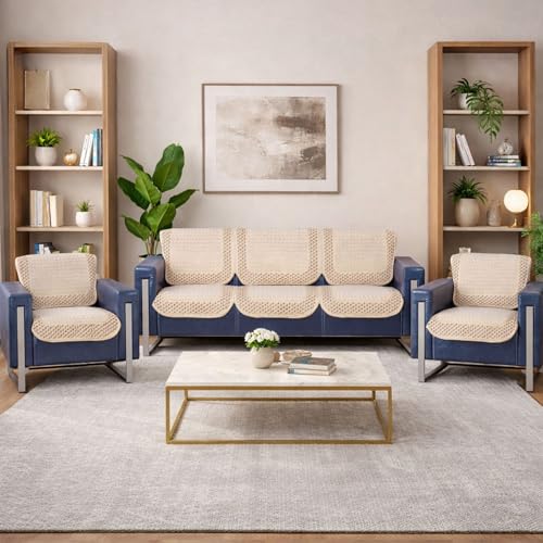 Image of Premium Beige Chenille Woven Anti-Slip 5 Seater Sofa Cover | L-Shape Sofa Seat Protector for Living Room | Durable & Stylish Slipcover - Beige 3D