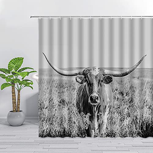 Longhorns Cow Shower Curtain Texas Steer Western Longhorn Farm Animal Cute Bull Grassland Rustic Farmhouse Country Gray Fabric Bathroom Decor Set With Hooks（70" Wx70 H） #TOP3