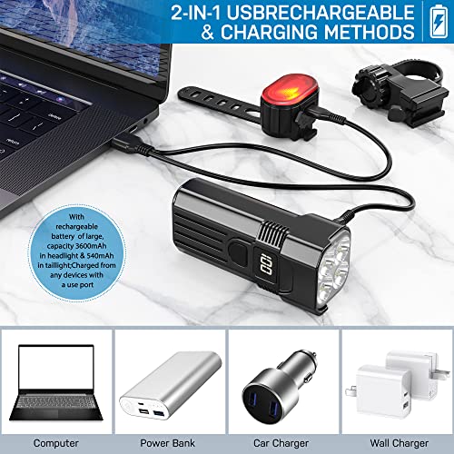 Eclairage Velo a LED Puissant, Super Lumineux 2000LM Lampe Velo de Montagne Avant et Arrière Kit, 4 Feux Avant de Lampe Vélo à LED, IP65 Etanche, USB Rechargeable 6 Modes D'éclairage Arrière Rouge - Image 3