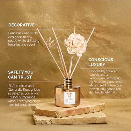 Image of IRIS Glass Glitter Reed Diffuser Set | 100ml Gold Musk Fragrance Oil with 6 Reed Sticks | Elegant Home Aroma Diffuser for Living Room, Bedroom & Gifting | Sparkling Glass Design