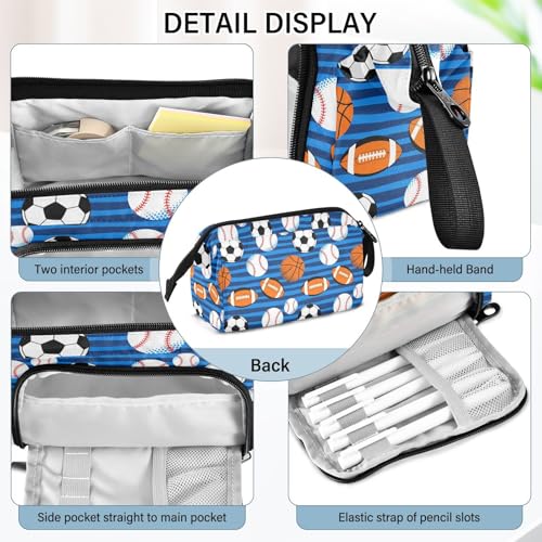 Image of Soccer Balls Blue Pencil Case Pouch Big Capacity Pencil Bag Box Organizer Pen Case with Handle Stationery Organizer for Kids Boys Girls Women College Office