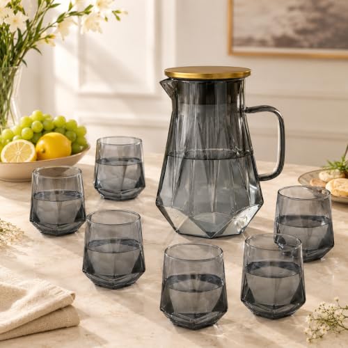 Image of bellemax Smoky Grey Glass Water Jug and Juice Glasses (1 Jug + 6 Glasses) | Premium Glass Water Serving Set with Golden Lid | Modern Juice, Water, Mocktail & Beverage Pitcher Set of 7
