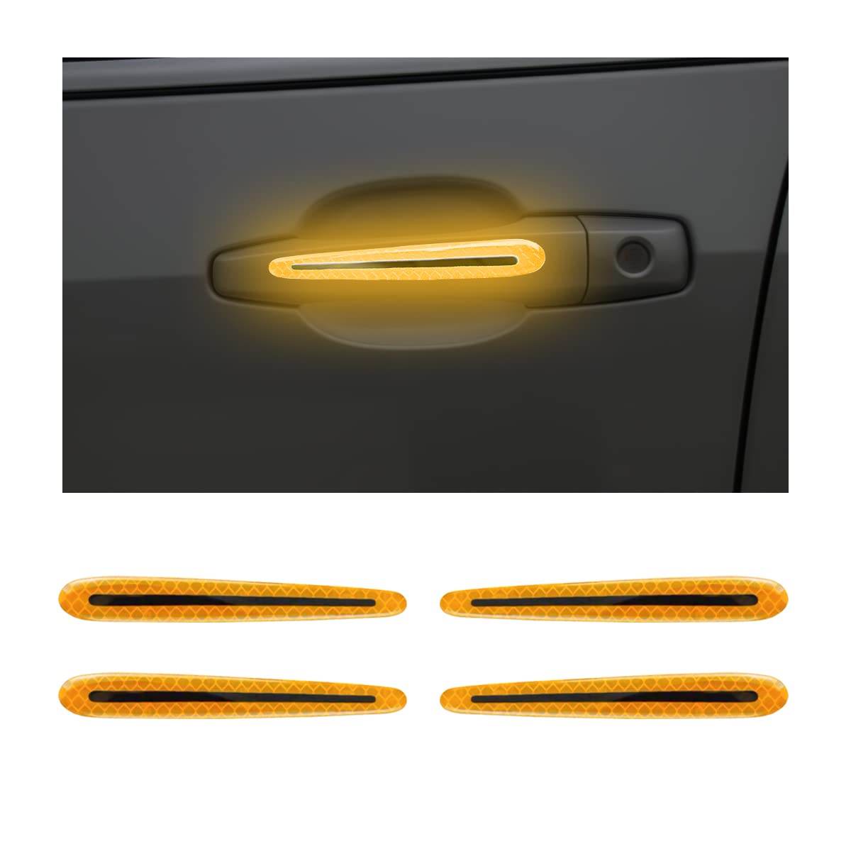(Yellow) 4PCS Car Door Handle Protector Reflective Stickers, 3D Car Door Handle Cup Scratches Protective Films, Night Visibility Safety Warning Decal, Compatible with Alca zar