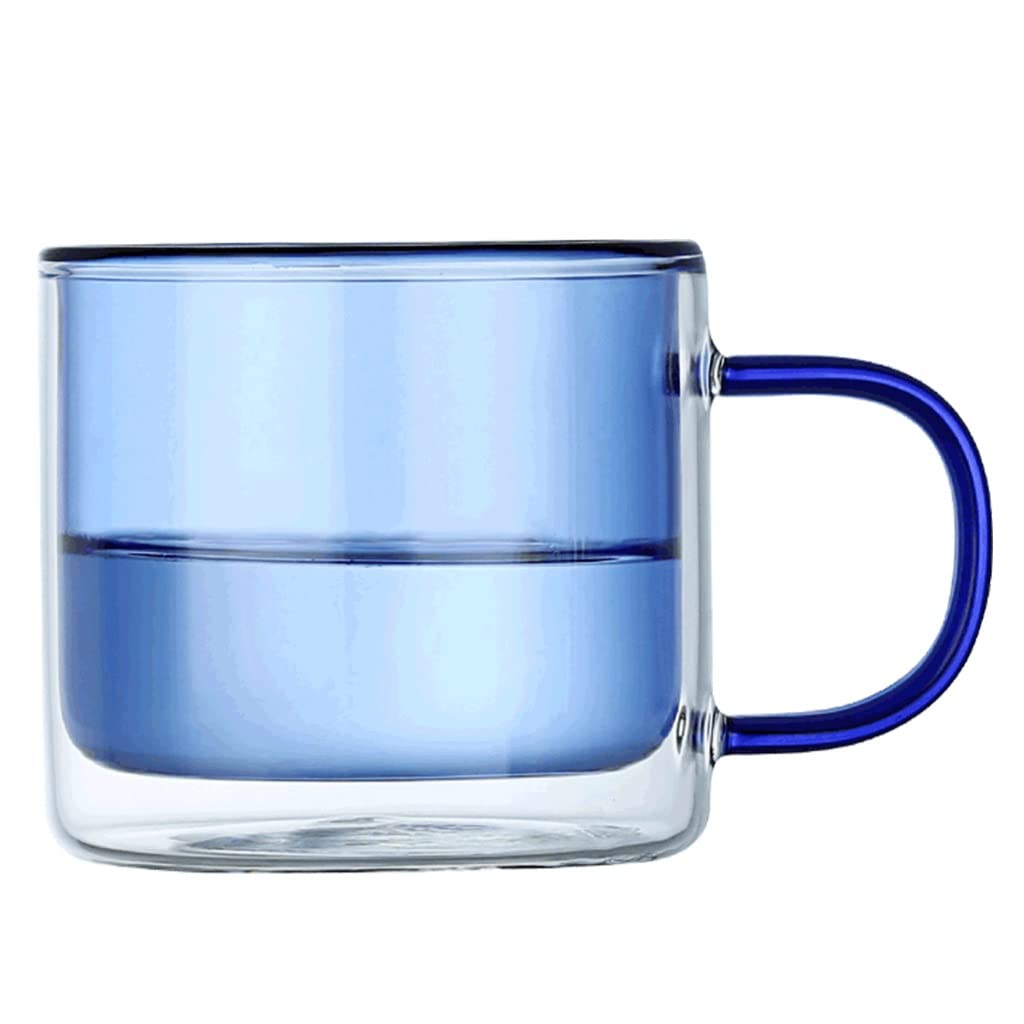 Doppelwandige Kaffeetassen aus Glas, wiederverwendbar, isoliert, mit Griff, farbige Trinkgläser, Weingläser, Glasgeschirr, Trinkgläser, Teetasse, 250 ml (blau)