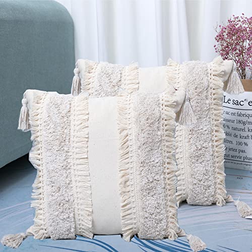 BCASE, Pack 2 Fundas de Cojines 45x45 cm Boho Chic con Borlas, Decorativas para el Hogar, Almohadas para Salón, Cama, Dormitorio, Sofá, Estudio (Pack 2, Doble Raya Blanco) Cover