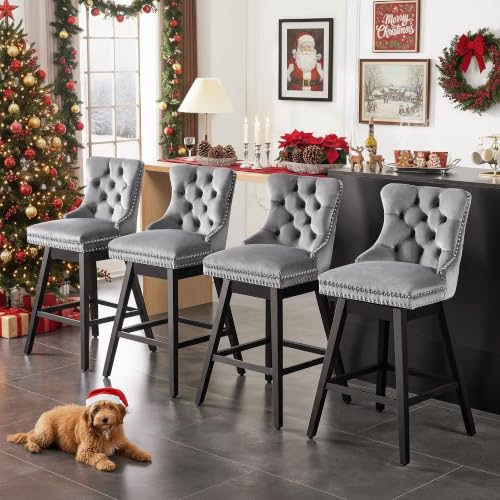 Image of Grey Swivel Bar Stools, Velvet Counter Height Bar Stools Set of 4 | 360 Swivel Bar Chairs, Solid Wood Legs, Upholstered Kitchen Island Stools, Modern Extra Wide Seat (Grey, 30 inch H, 4 Pack)