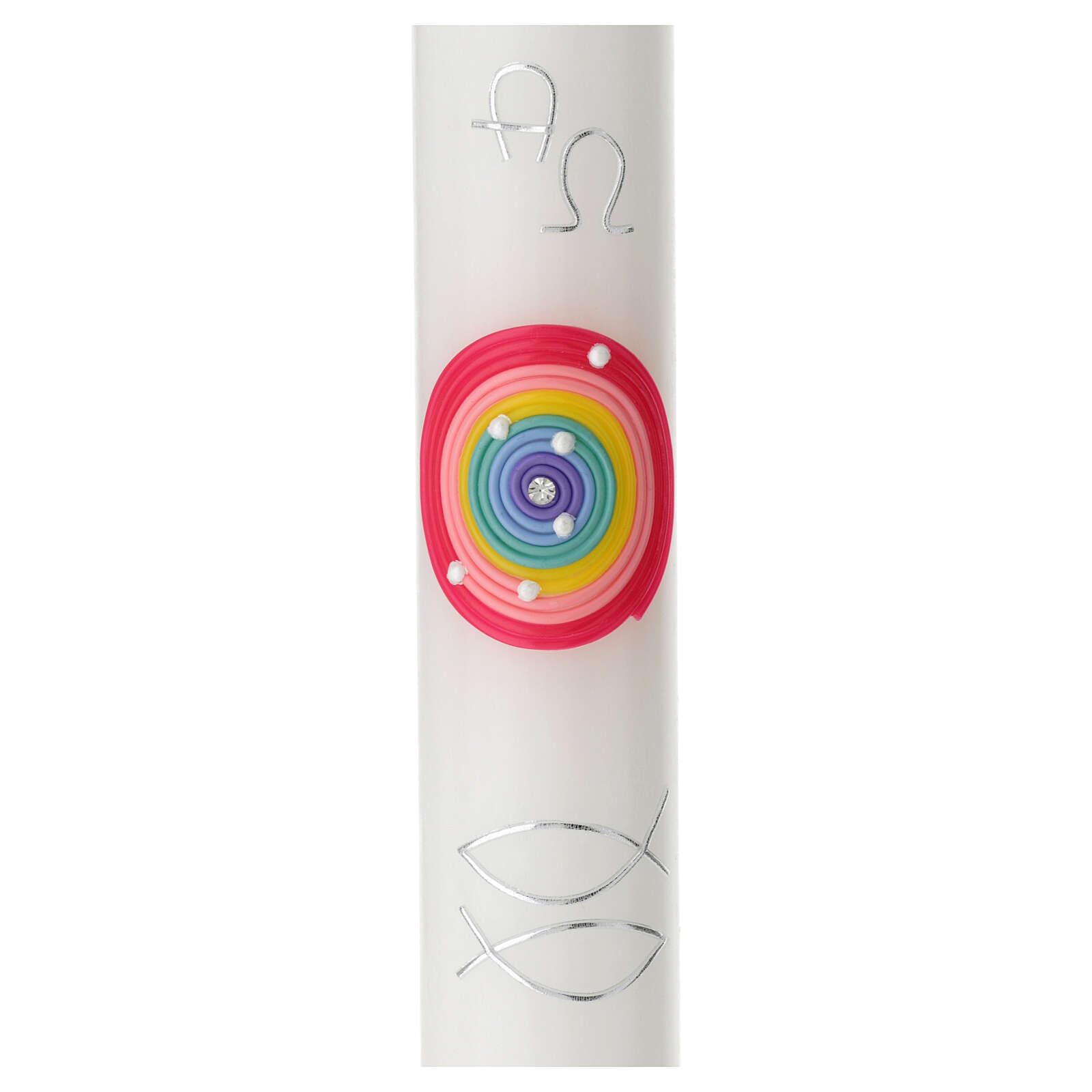 Baptismal Candle, Rainbow-Coloured Circle, Alpha and Omega, 400x40 mm