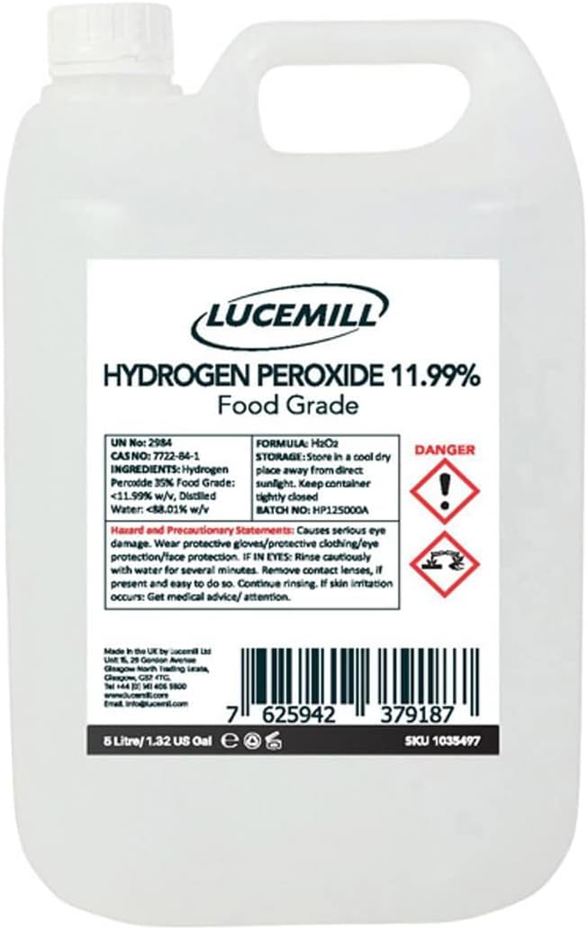 Lucemill Hydrogen Peroxide 11.99% Food Grade I 5 Litre I Liquid Hydrogen Peroxide Food Grade I Unstabilised I Eco Friendly I Additive Free