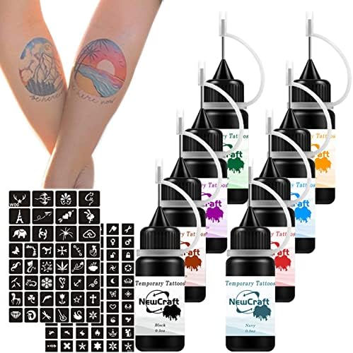 Temporary Tattoos Kit Jagua Tattoo Kit with 8 Colors Temporary Tattoo Inks, Freckles Jagua Gel for Body Art Markers, 102 Patterns Fake Tattoos stencils DIY for Men Women