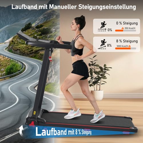 Tapis roulant pieghevole per la casa, pendenza dell'8%, motore da 3,0 CV, silenzioso fino a 14 km/h, superficie di corsa 110 × 40 cm, Bluetooth e display LED, portata 120 kg, console multifunzione, 12
