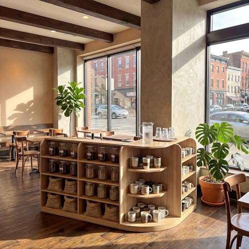 PREMTURE Mostrador de Recepción Color Madera en L 180cm – Caja Esquinera con Estantes Abiertos, 2 Cajones y Armario – Gran Mostrador para Café, Restaurante, Tienda, 180×120×100cm