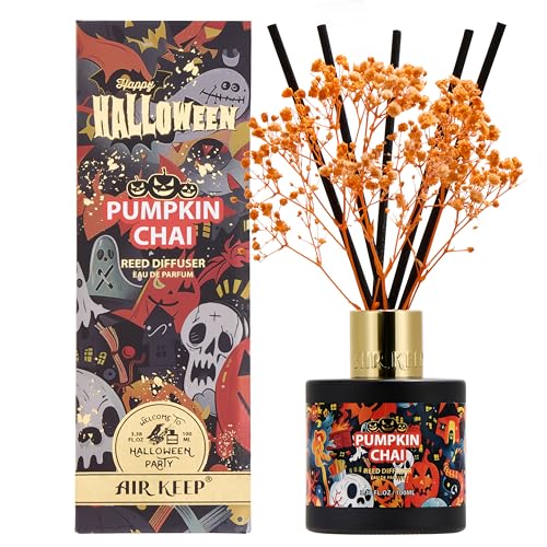 Image of Airkeep Halloween Reed Diffuser Set,3.38 fl oz (100 ml) - Pumpkin Chai Oil Diffusers with 8 Reed Sticks, Home Fragrance Reed Diffuser for Bathroom Shelf Decor