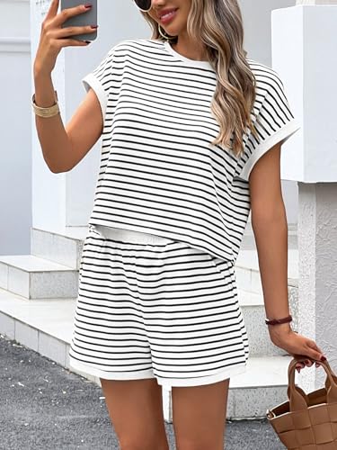 Image of Tankaneo Womens Summer 2 Piece Sets Striped Short Sleeve T Shirts and Shorts Loungewear Matching Set