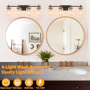 4-Lights Black and Gold Bathroom Vanity Light, Modern Bathroom Wall Sconces Lighting with Clear Glass Shade, Gold Vanity Lights for Bathroom Bedroom Living Room Porch 4 Lights Black and Gold Bathroom Vanity Light Modern Bathroom Wall Sconces Lighting with Clear Glass Shade Gold Vanity Lights for Bathroom Bedroom Living Room Porch