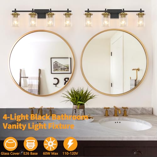 4-Lights-Black-and-Gold-Bathroom-Vanity-Light-Modern-Bathroom-Wall-Sconces-Lighting-with-Clear-Glass-Shade-Gold-Vanity-Lights-for-Bathroom-Bedroom-Living-Room-Porch 4 Lights Black and Gold Bathroom Vanity Light Modern Bathroom Wall Sconces Lighting with Clear Glass Shade Gold Vanity Lights for Bathroom Bedroom Living Room Porch