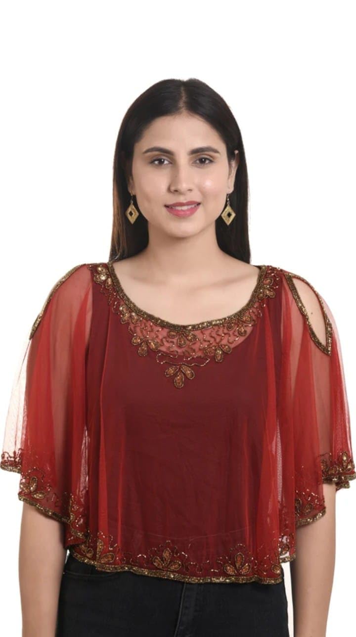 Women’s Designer Sheer Net Poncho Top with Embroidered Borders | Cape Top for Saree, Lehenga & Western Outfits | Elegant Festive Layered Ethnic Shrug.