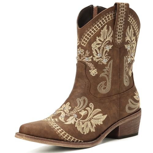 Rivalran Brown Cowboy Boots for Women - Western Cowgirl Boots With Classic Embroidered Sparkly Rhinestone, Pointed Toe Chunky Heel Pull on Short Booties, Ankle High Vintage Country Booties for Ladies