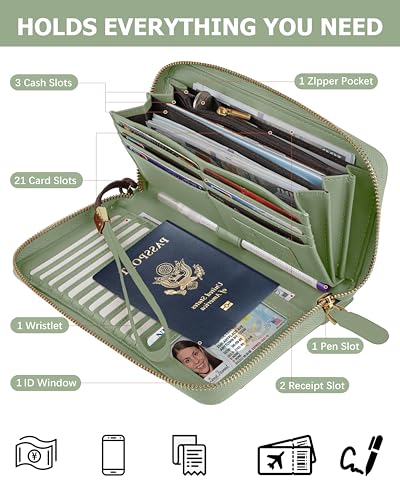 Image of Large Wallet for Women, Clutch Wallet with Passport Holder | RFID Wallet for Women, Zipper Clutch Purse, Passport Holder for Travel, Multiple Card Slots, Phone Pocket, Wristlet Strap
