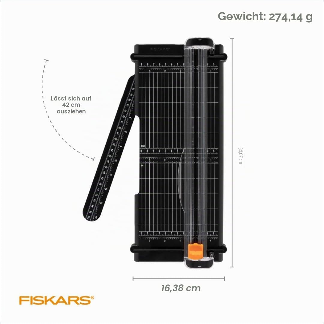 Fiskars Recycelter SureCut™ tragbarer Papierschneider, 30,5 cm Schnittlänge, Papierschneider für Bastel- und Büroarbeiten, mit Gitterlinien, Schwarz