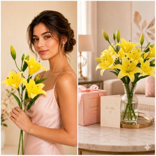 Image of CURATED CART 2 Pcs Lily Artificial Flowers Bunch for Home Decoration - Big Lilys Bouquet for Home Decor - Real Touch Faux Latex Long Stem - Includes 6 Lily Flowers and 10 Half Bloom Buds-Yellow Colour