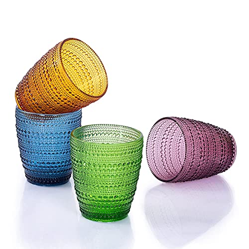 SUNNOW Vastto 10 Ounce Multicolor Polka Dot Glass Tumbler,for Water, Beverage,Juice, Wine,Beer, and Cocktail,Set of 4