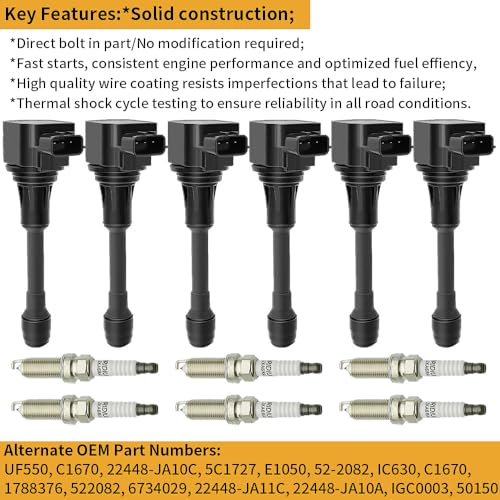 Image of UF550 Ignition Coil Pack & Spark Plugs Compatible with Nissan 350Z Altima Maxima Murano 2019-09 Pathfinder /Infiniti EX35 FX35 G25 G35 JX35 M35 Q50 Q70 QX60 3.5L V6 Replace# C1670 GN10224 22448-JA10C