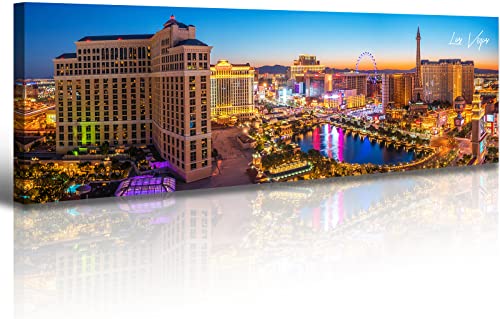 Image of Las Vegas Skyline Wall Art Cityscape Canvas Prints City Modern Building Posters Bellagio Fountain Skyscraper Night View Panoramic Pictures for Home Office Living Room Decor Framed 13.8 inchx45.3 inch