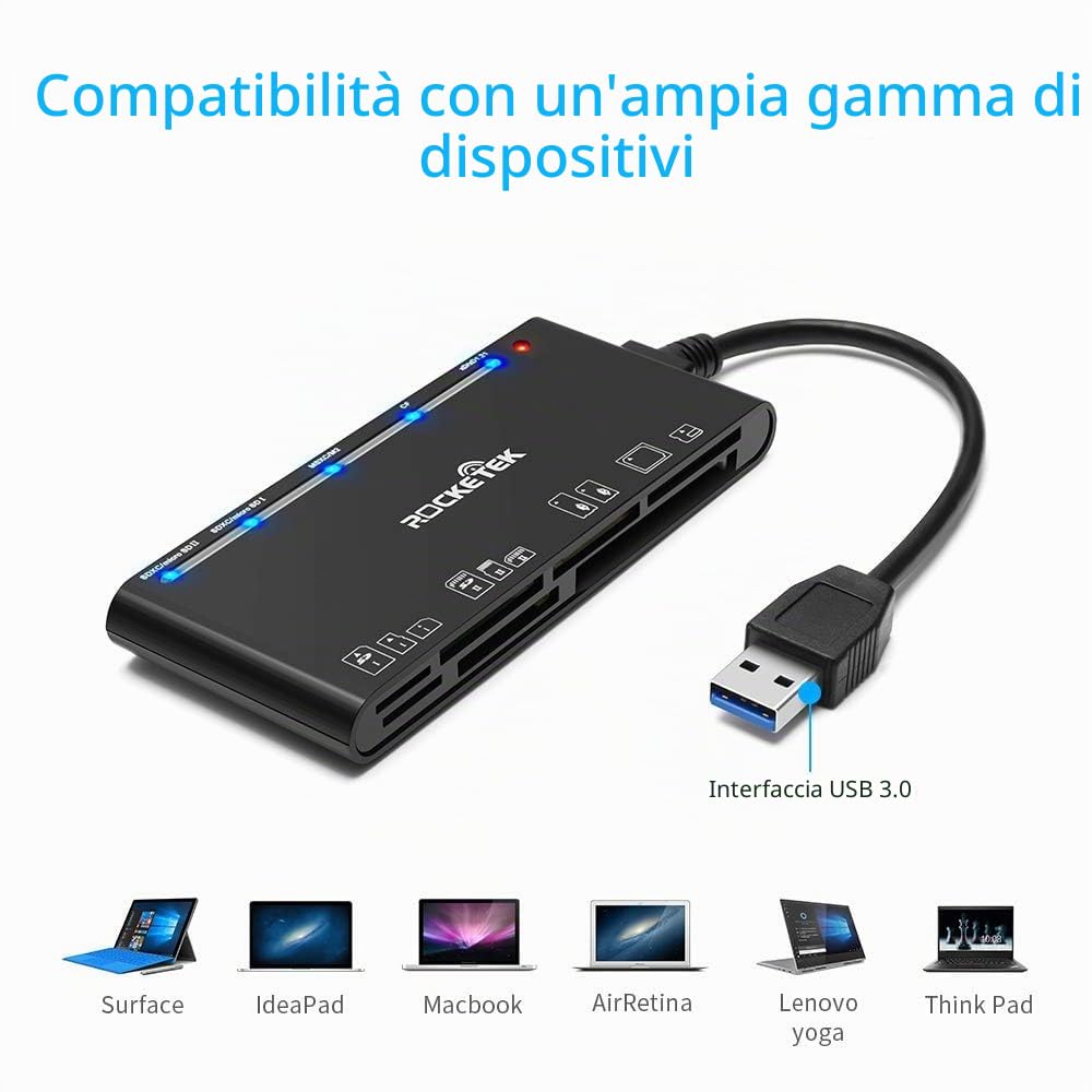 Lettore di schede USB 3.0, 7 in 1 SD/TF/CF/MS/XD/Micro SD Lettore di schede di memoria con USB3.0 (5 Gbps) Super Speed, compatibile con Windows/Linux/Mac OS/Vista