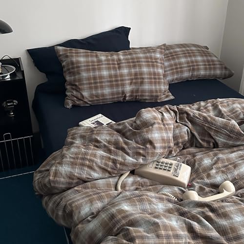 Image of EAVD Vintage Plaid Duvet Cover Queen Soft 100% Washed Cotton Bedding Set Retro Brown&Blue Grid Checkered Bedding Set with 2 Pillowcases Farmhouse Neutral Plaid Gingham Comforter Cover with Zipper