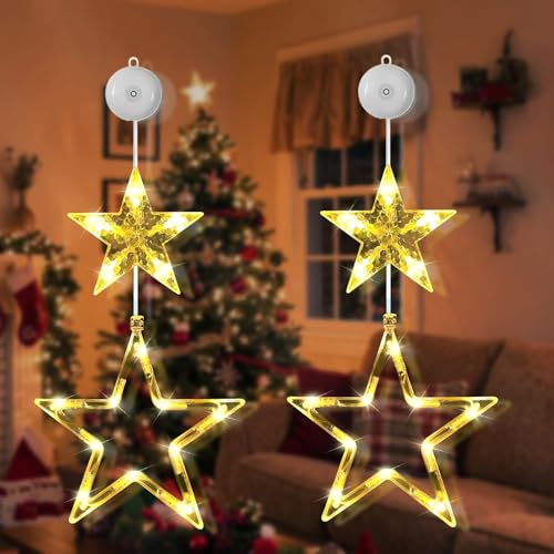 TZQFROCE Estrella de Navidad LED para ventana, 2 unidades, luces navideñas, cortina de luces LED con ventosas para dormitorio, fiesta, habitación, cumpleaños, exterior y jardín
