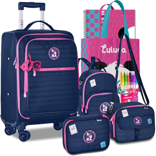 Kit Mala Mochila Escolar Luluca Carrinho 360 Lancheira Estojo Rodinhas Resistente Reforçada (Azul)