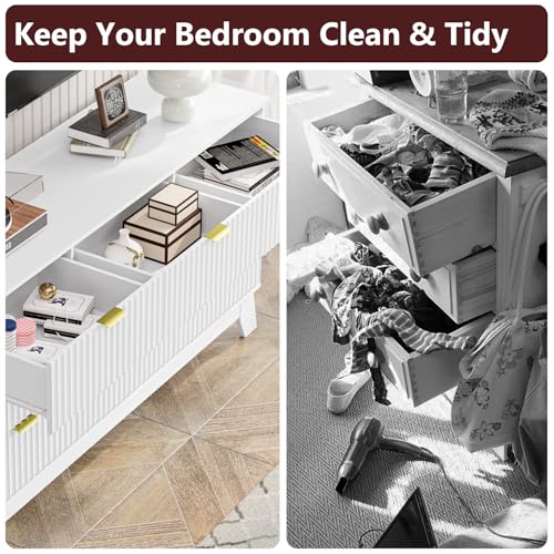 Image of White Dresser 9 Drawer Dresser for Bedroom, 57''Wide Fluted Wooden Dresser Storage Cabinet and Chest of Drawers with Metal Handle, Storage Organizer for Living Room, Hallway, Entryway