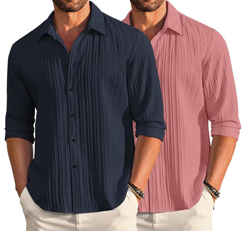 Image of DEELMO Combo of Men's Casual Button Down Shirts Long Sleeve Linen Shirt Fashion Textured Summer Shirts Pack of 2