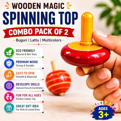 Image of Wooden Magic Finger Spinning Top Combo Pack of 2 nos (Buguri, Lattu) Multicolors - Non Toxic Desi Channapatna Hand Crafted, Indoor Toys,Bongaram, Traditional Toys for Kids.