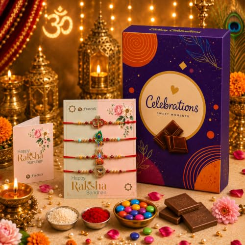 Image of Frostick Men's Rakhi Gift Set - 4 Designer Rakhis, 1 Celebrations Chocolates Pack, Roli Chawal, Greeting Card | Perfect Raksha Bandhan Chocolate Combo for Brother