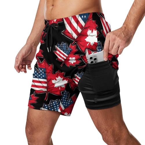 Half Canadian USA Flag Maple Leaf Mens Swim Trunks with Quick-Drying Lining Beach Shorts for Outdoor Sports2