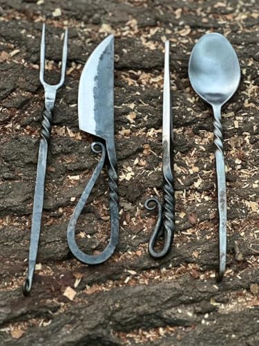Chilgoza Hand Forged Silverware Set with Leather Cover- Medieval 4 Pcs Kitchen Utensils Set Viking Cutlery Set Viking Cutlery Set Knife Spoons and Forks Set- Dinnerware Sets (Multicolor)