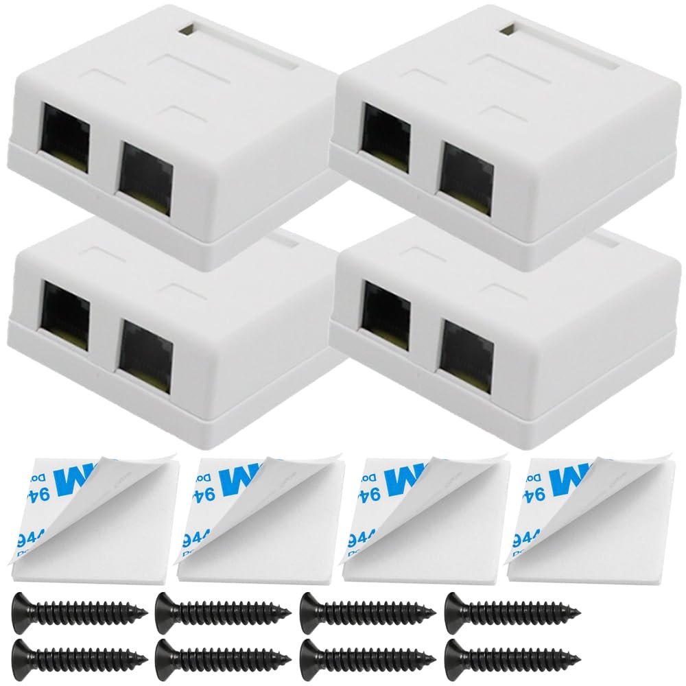 HAAMNING7 RJ45 Surface Mount Box, Works with Slim and Wide Profile Keystone Jacks, Compatible with UTP Cat6/Cat5e/Cat5 RJ45 keystone Jack, With Double Side Tape (4 Pack)