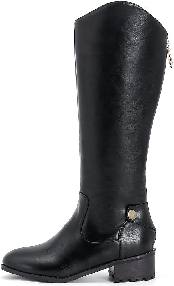 KOKOMOMO Womens Back Zip Chunky Low Heel Knee High Riding Boots
