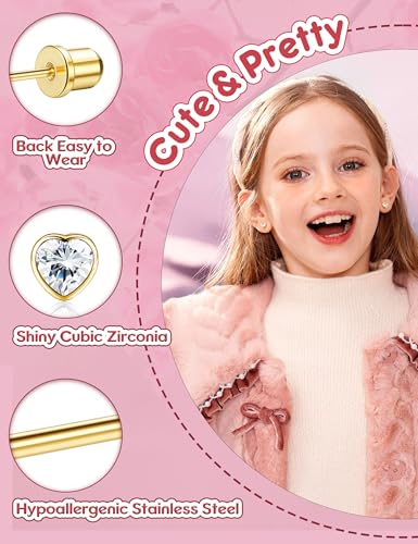 CASSIECA Hypoallergenic Earrings for Girls Women Stainless Steel CZ Heart Screw Back Stud Earrings for Kids Jewelry Gift 20G4