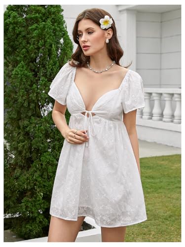 Image of MakeMeChic Women's Casual Ruffle Mini Dress Summer Flutter Sleeve V Neck Tie Front Cutout A Line Dress