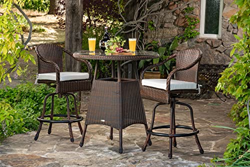 Tortuga Outdoor Sea Pines 3 Piece Bar Set with 2 Chairs and high top Table, Java Wicker with Canvas Natural Cushions