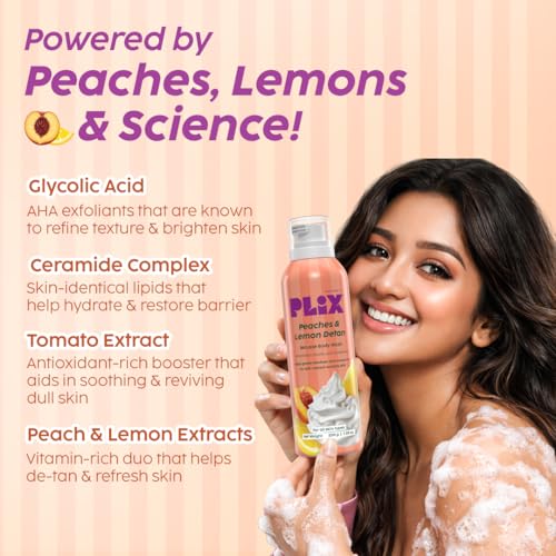 Image of Plix Peaches & Lemon De-Tan Mousse Body Wash | Glycolic Acid & Ceramides | Hydrating Mousse Body Wash with Fruit Extracts | Smooth, Bright Skin