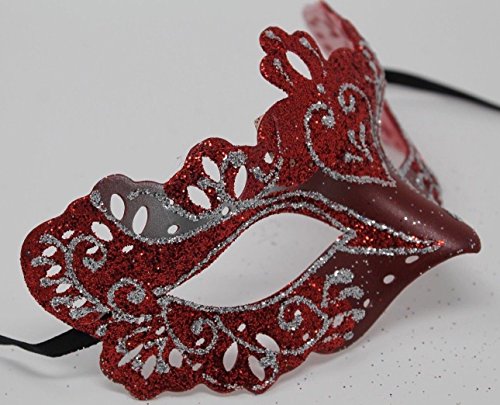 LADIES SPARKLING RED AND SILVER RIALTO VENETIAN MASQUERADE CARNIVAL PARTY EYE MASK, Red Silver, 8cm Deep - Image 2