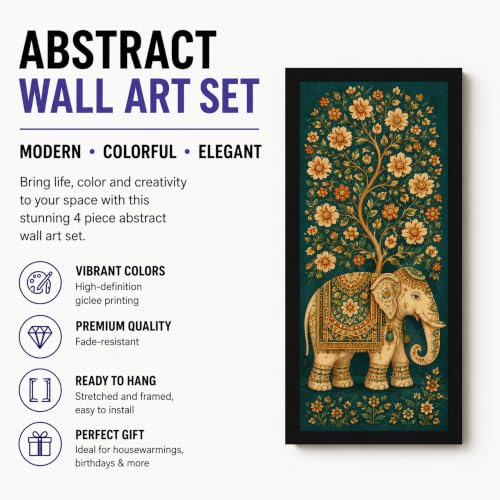 Image of PAINTINGMANTRA Royal Peacock & Elephant Framed Wall Art Painting For Living Room | Traditional Heritage, Peacock, Elephant Painting with Frame for Living Room, Bedroom, Set of 4, Size- 9.5x19.5 In