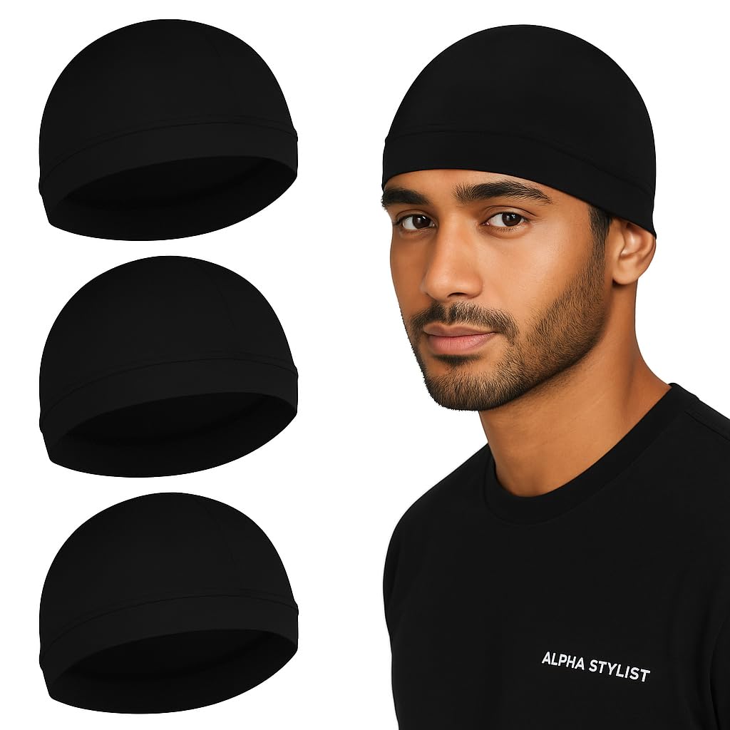 ALPHA STYLIST Skull Caps for Men – Cotton Helmet Inner Cap, Sweat-Wicking Cooling Head Cap, Breathable Hair Cover, Cycling Skull Cap for Bikers, Running, Outdoor Sports – Black