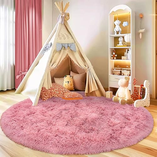 Round Fluffy Rug 3FT Blush - Super Soft Circle Rug for Kids & Teen's Room - Plush Fuzzy Shaggy Carpet