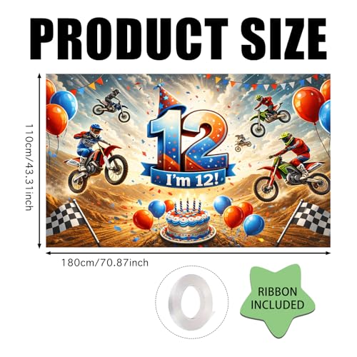 Image of Nuxovilar Happy 12th Birthday Banner Backdrop 71 inchx43 Polyester | Celebrate Party Supplies, Celebration Decor. Dirt Bike Birthday Party Decorations. Yard, Garage, Room. (Dirt Bike 12th)