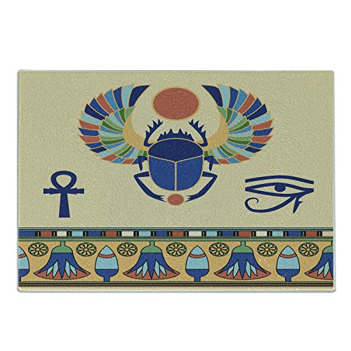 Flash Sale Ambesonne Egyptian Print Cutting Board, Antique Historical Culture of Scarab Eye Ornaments, Decorative Tempered Glass Cutting and Serving Board, Large Size, Cream Navy